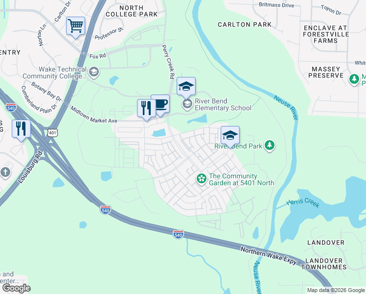 map of restaurants, bars, coffee shops, grocery stores, and more near 5500 Beardall Street in Raleigh