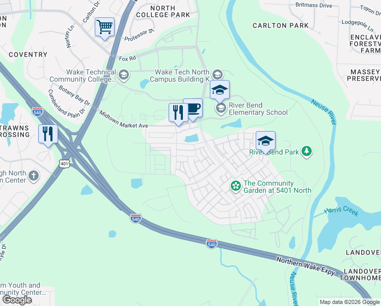 map of restaurants, bars, coffee shops, grocery stores, and more near 6408 Kayton Street in Raleigh