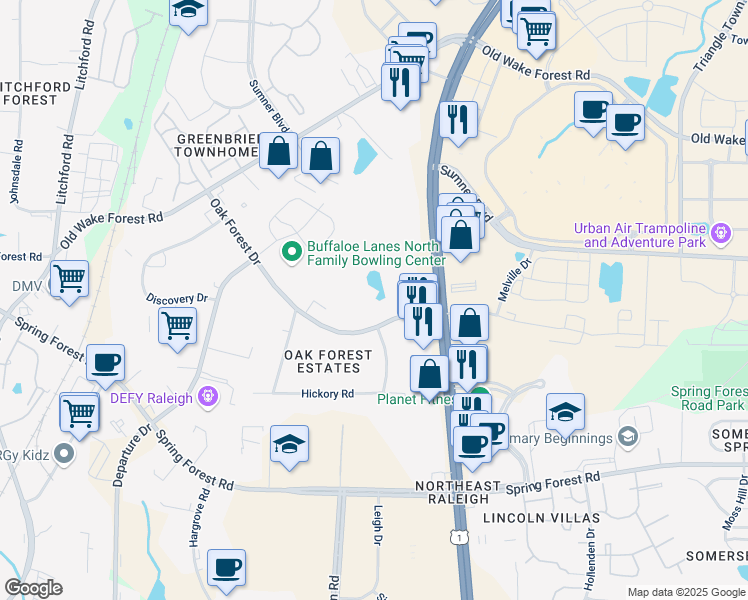map of restaurants, bars, coffee shops, grocery stores, and more near 5700 Oak Forest Drive in Raleigh