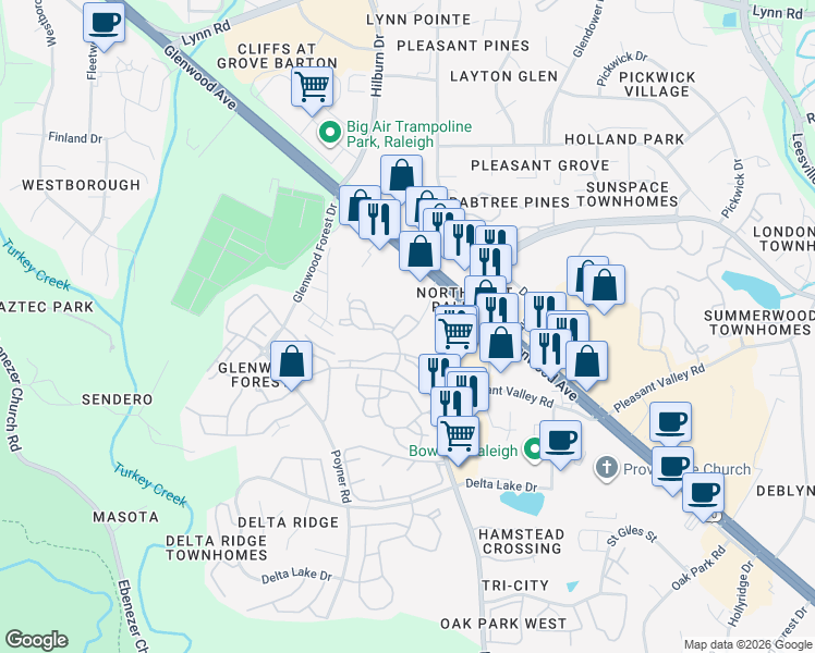 map of restaurants, bars, coffee shops, grocery stores, and more near 6221 Darwin Court in Raleigh
