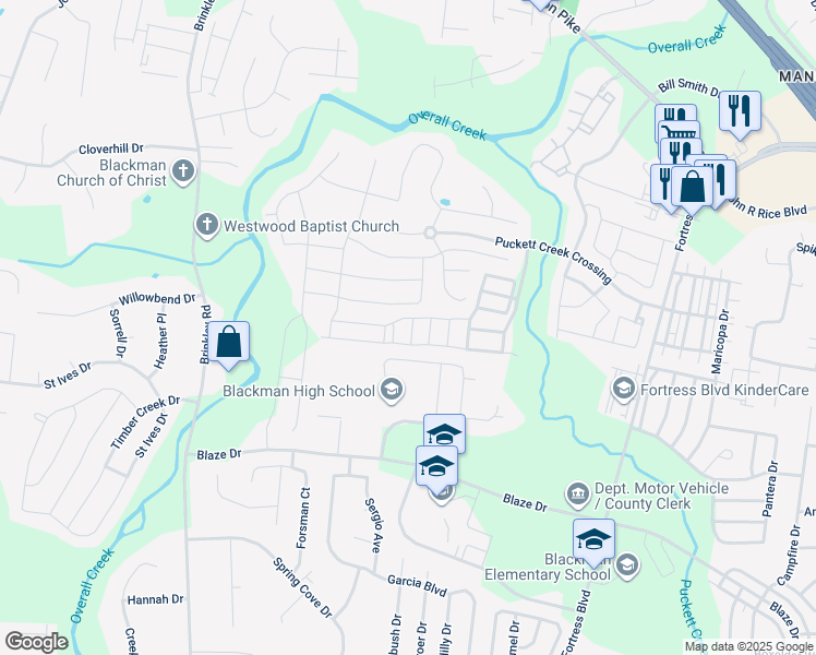 map of restaurants, bars, coffee shops, grocery stores, and more near 4407 Mordecai Avenue in Murfreesboro