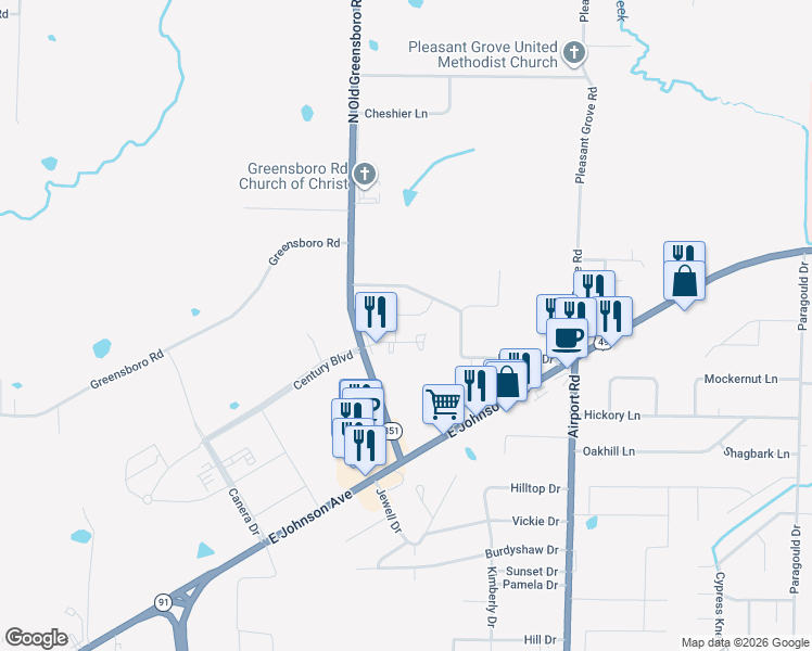 map of restaurants, bars, coffee shops, grocery stores, and more near 3423 Hudson Drive in Jonesboro