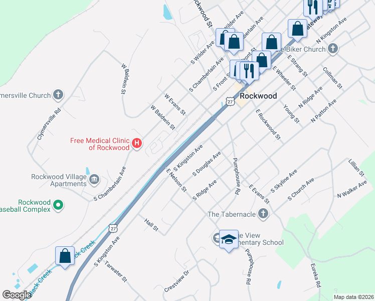 map of restaurants, bars, coffee shops, grocery stores, and more near 413 South Kingston Avenue in Rockwood