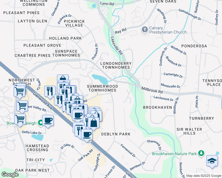 map of restaurants, bars, coffee shops, grocery stores, and more near 3712 Pleasant Valley Road in Raleigh