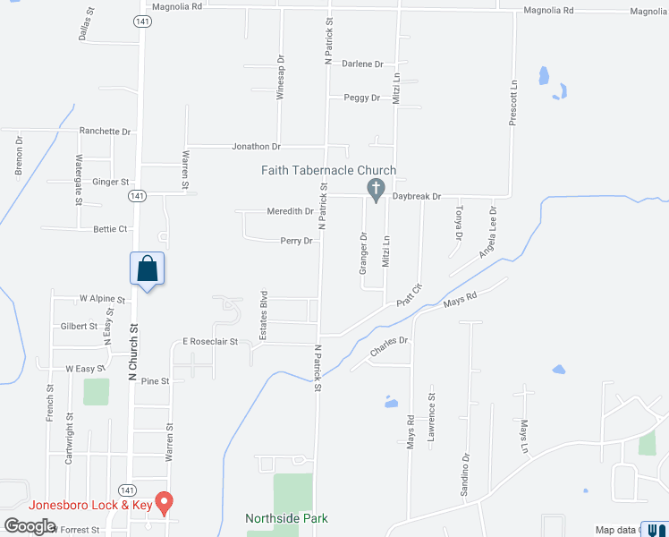 map of restaurants, bars, coffee shops, grocery stores, and more near 1400 North Patrick Street in Jonesboro