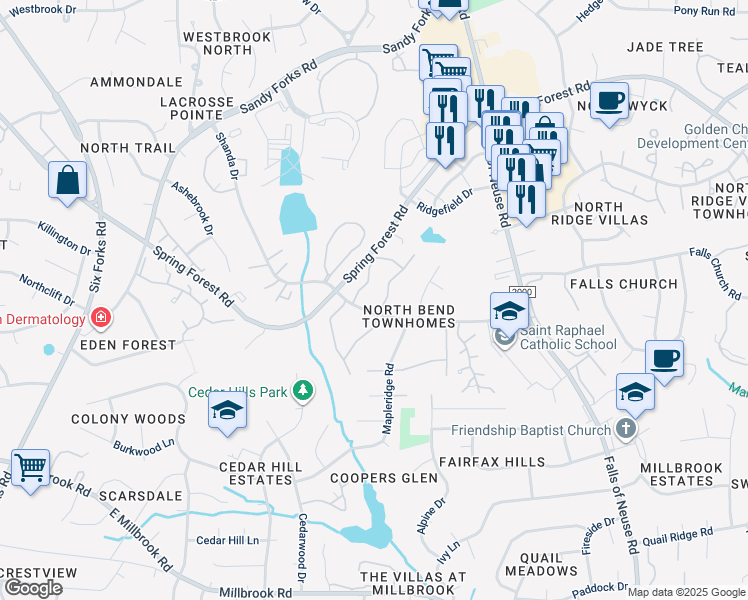 map of restaurants, bars, coffee shops, grocery stores, and more near 5905 Whitebud Drive in Raleigh
