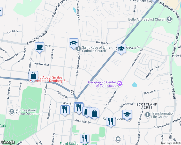 map of restaurants, bars, coffee shops, grocery stores, and more near 1211 Hazelwood Street in Murfreesboro