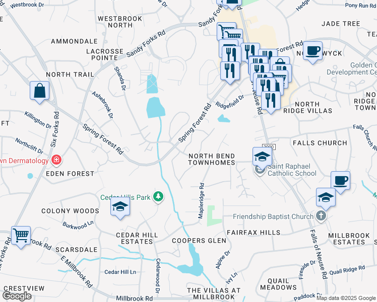 map of restaurants, bars, coffee shops, grocery stores, and more near 5902 Carmel Lane in Raleigh