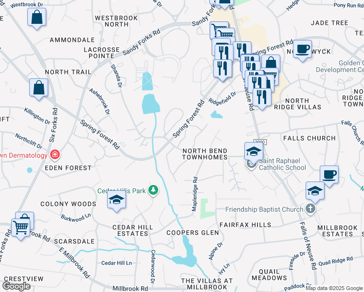 map of restaurants, bars, coffee shops, grocery stores, and more near 5902 Carmel Lane in Raleigh
