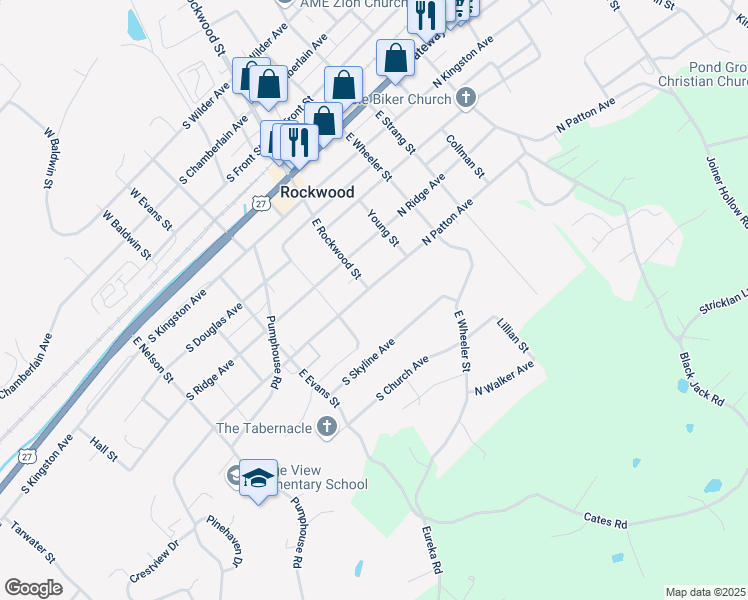 map of restaurants, bars, coffee shops, grocery stores, and more near 102 North Patton Avenue in Rockwood