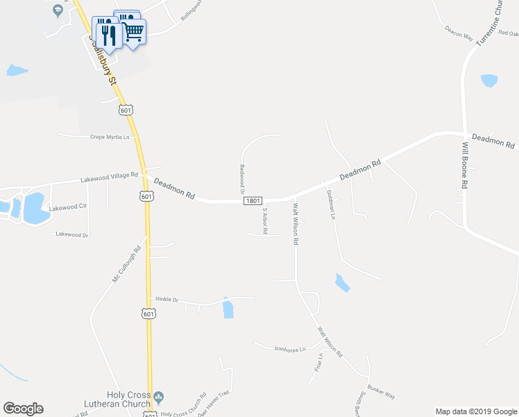 map of restaurants, bars, coffee shops, grocery stores, and more near 270 Deadmon Road in Mocksville