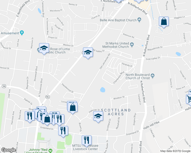 map of restaurants, bars, coffee shops, grocery stores, and more near 1501 Old Lascassas Road in Murfreesboro