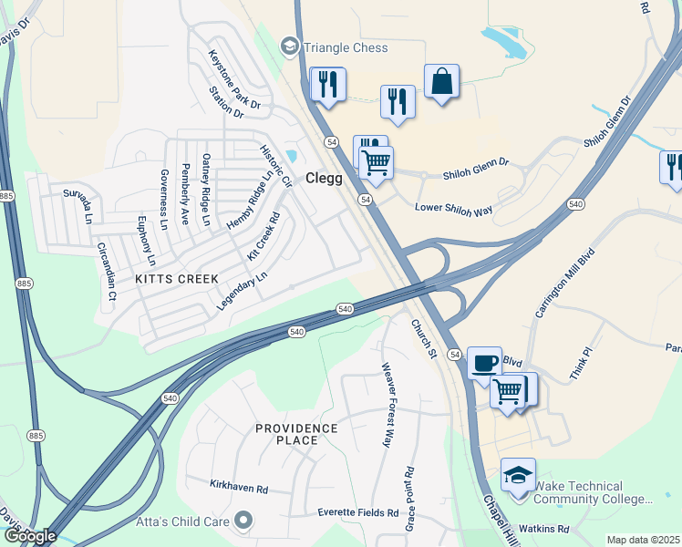 map of restaurants, bars, coffee shops, grocery stores, and more near 253 Durants Neck Lane in Morrisville