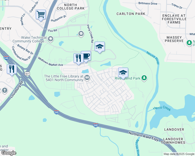 map of restaurants, bars, coffee shops, grocery stores, and more near 6632 Perry Creek Road in Raleigh