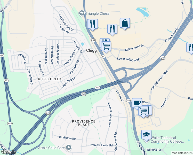 map of restaurants, bars, coffee shops, grocery stores, and more near 253 Durants Neck Lane in Morrisville