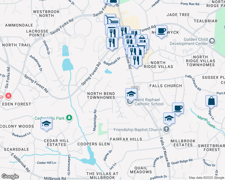 map of restaurants, bars, coffee shops, grocery stores, and more near 808 Flintwood Court in Raleigh