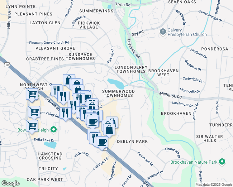map of restaurants, bars, coffee shops, grocery stores, and more near 3835 Summerwood Court in Raleigh