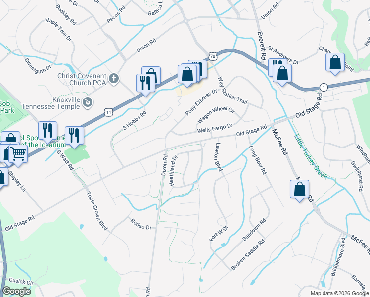 map of restaurants, bars, coffee shops, grocery stores, and more near 12731 Heathland Drive in Knoxville
