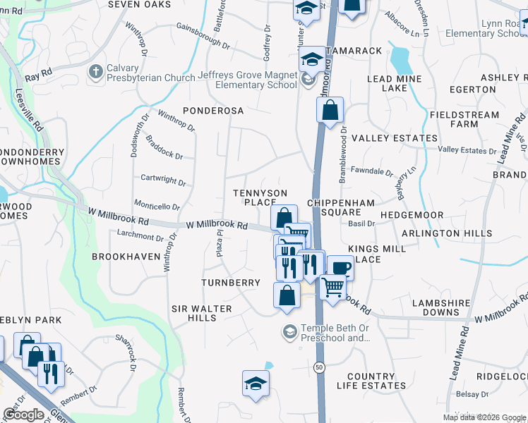 map of restaurants, bars, coffee shops, grocery stores, and more near 5712 Light Brigade Lane in Raleigh