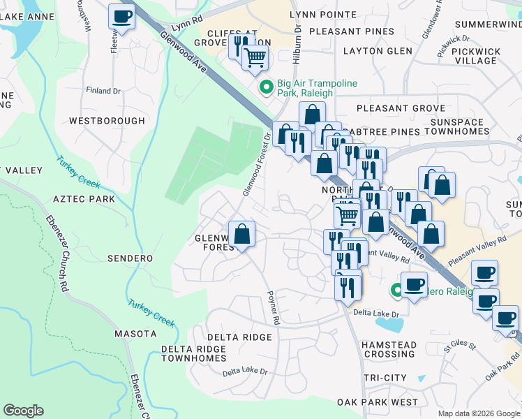 map of restaurants, bars, coffee shops, grocery stores, and more near 6102 Braidwood Court in Raleigh