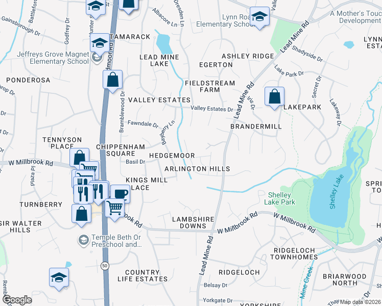 map of restaurants, bars, coffee shops, grocery stores, and more near 2104 Longwood Drive in Raleigh