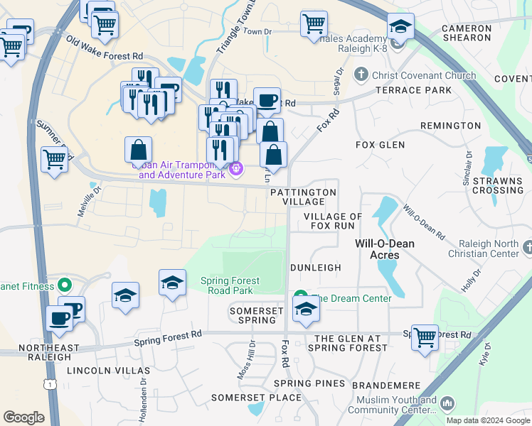 map of restaurants, bars, coffee shops, grocery stores, and more near Wake Hills Lane in Raleigh