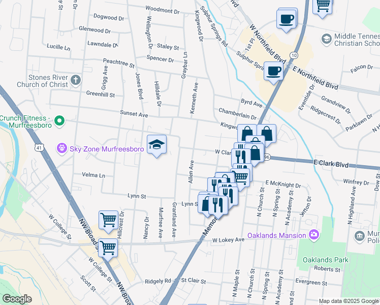 map of restaurants, bars, coffee shops, grocery stores, and more near 503 West Clark Boulevard in Murfreesboro