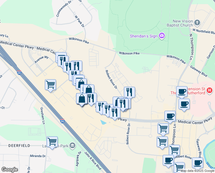 map of restaurants, bars, coffee shops, grocery stores, and more near 2123 Manson Pike in Murfreesboro