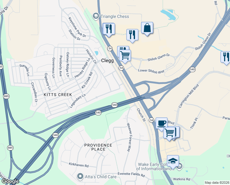 map of restaurants, bars, coffee shops, grocery stores, and more near 253 Durants Neck Lane in Morrisville