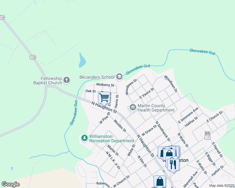map of restaurants, bars, coffee shops, grocery stores, and more near Harris Street in Williamston