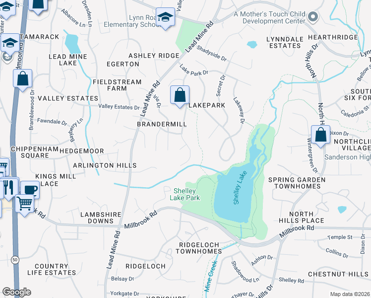 map of restaurants, bars, coffee shops, grocery stores, and more near 6229 Rushingbrook Drive in Raleigh