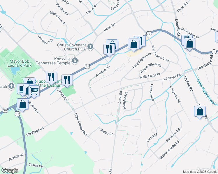 map of restaurants, bars, coffee shops, grocery stores, and more near 12916 Butterfield Lane in Knoxville