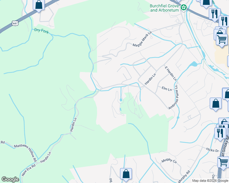 map of restaurants, bars, coffee shops, grocery stores, and more near 502 Hideaway Ridge Circle in Sevierville