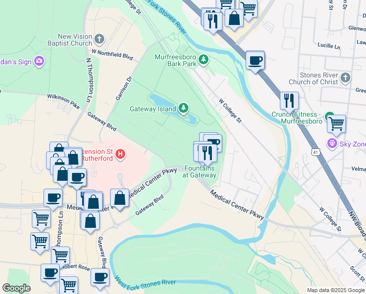 map of restaurants, bars, coffee shops, grocery stores, and more near 1505 Williams Drive in Murfreesboro