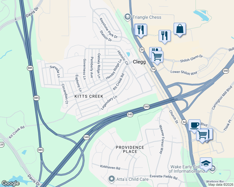 map of restaurants, bars, coffee shops, grocery stores, and more near 6301 Kit Creek Road in Morrisville