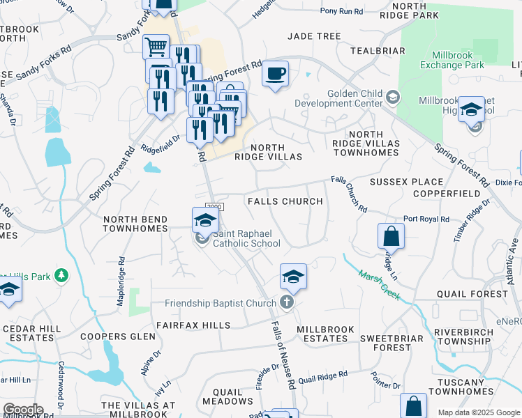 map of restaurants, bars, coffee shops, grocery stores, and more near 5212 Old Forge Circle in Raleigh