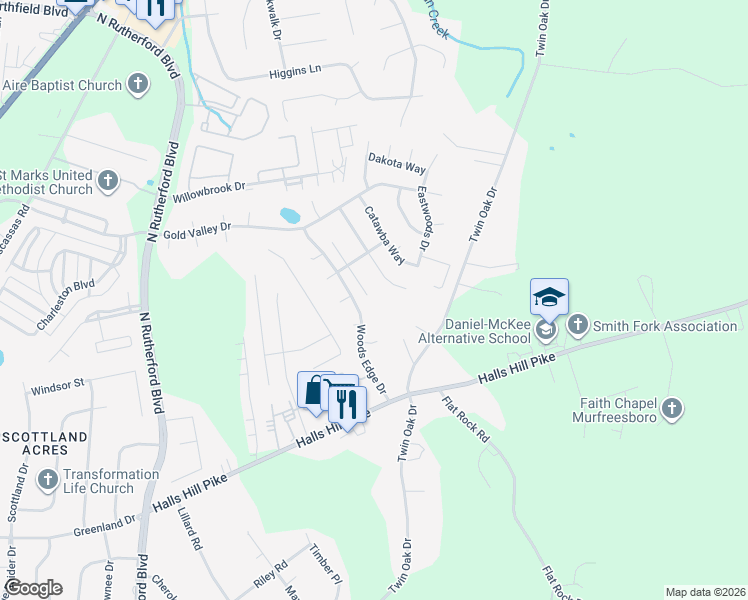 map of restaurants, bars, coffee shops, grocery stores, and more near 1102 Falling Tree Court in Murfreesboro