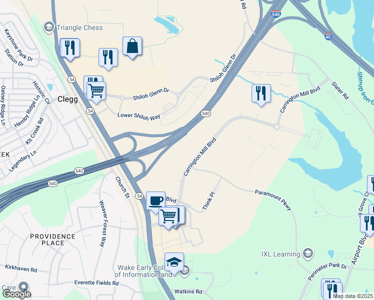 map of restaurants, bars, coffee shops, grocery stores, and more near 3005 Carrington Mill Boulevard in Morrisville
