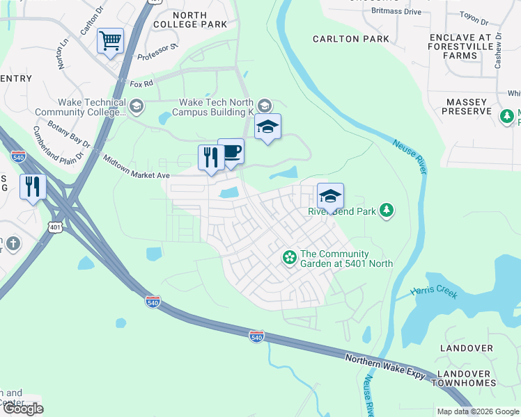 map of restaurants, bars, coffee shops, grocery stores, and more near 5500 Beardall Street in Raleigh