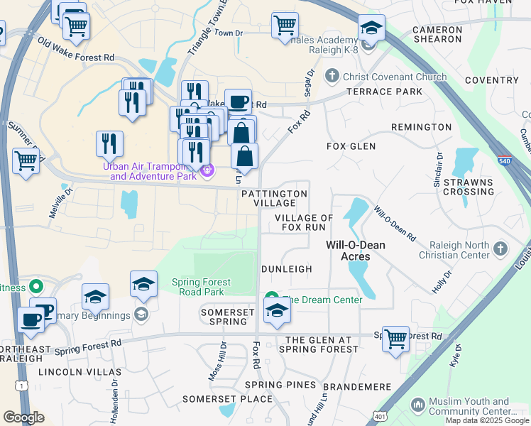 map of restaurants, bars, coffee shops, grocery stores, and more near 4600 Pooh Corner Drive in Raleigh