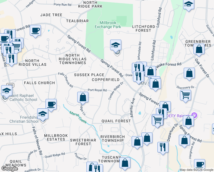 map of restaurants, bars, coffee shops, grocery stores, and more near 2109 Port Royal Road in Raleigh