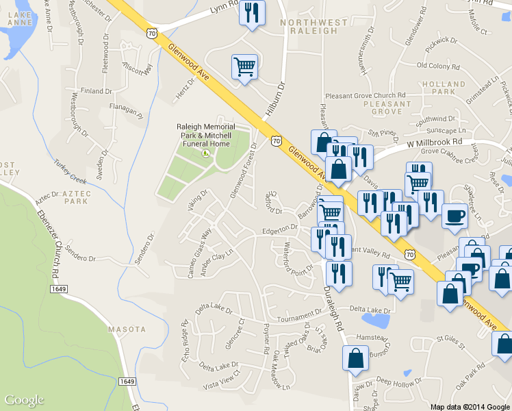 map of restaurants, bars, coffee shops, grocery stores, and more near 6102 Braidwood Court in Raleigh