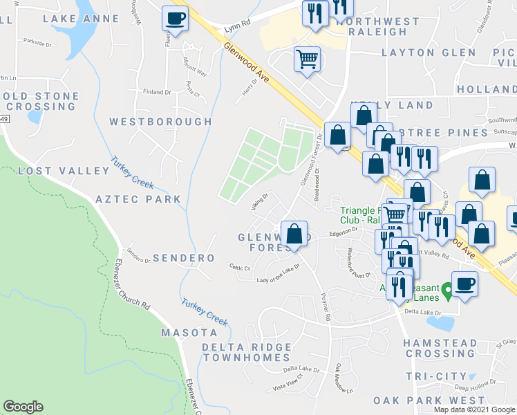 map of restaurants, bars, coffee shops, grocery stores, and more near 6014 Viking Drive in Raleigh