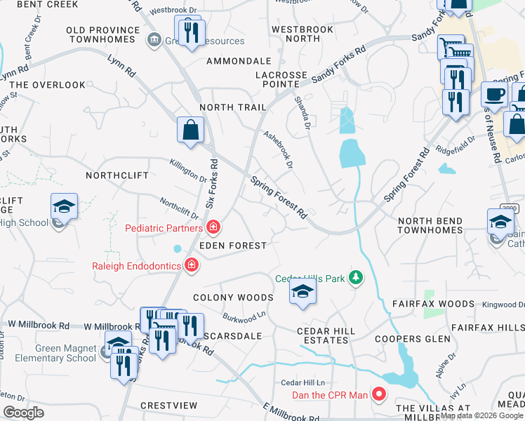 map of restaurants, bars, coffee shops, grocery stores, and more near 6011 Tenter Banks Square in Raleigh