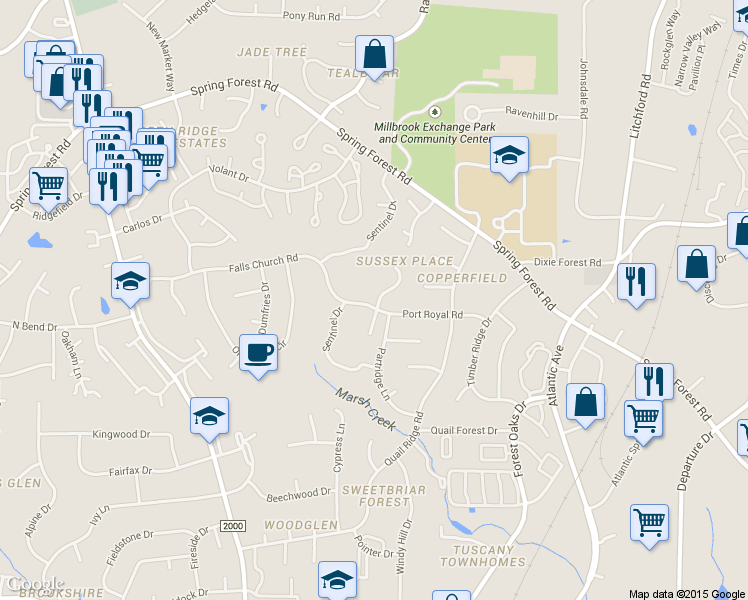 map of restaurants, bars, coffee shops, grocery stores, and more near 2101 Treverton Place in Raleigh