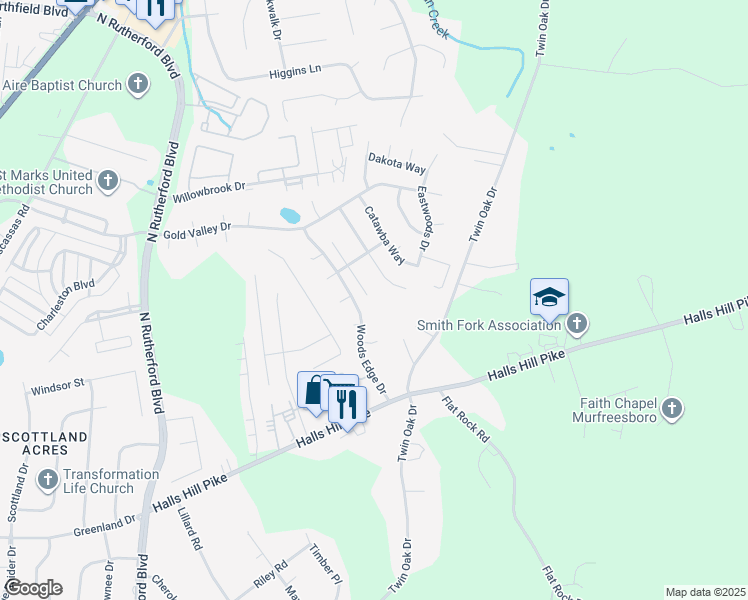 map of restaurants, bars, coffee shops, grocery stores, and more near 1102 Falling Tree Court in Murfreesboro