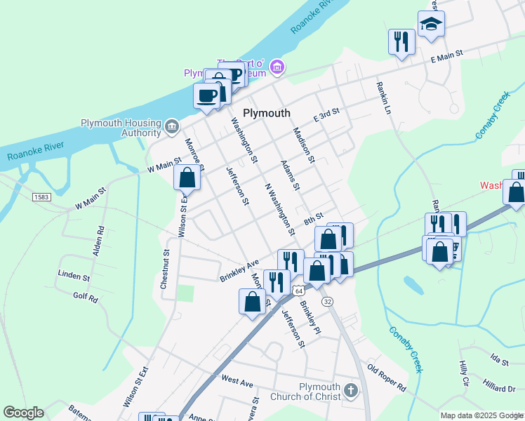 map of restaurants, bars, coffee shops, grocery stores, and more near 111 Fort Williams Street in Plymouth