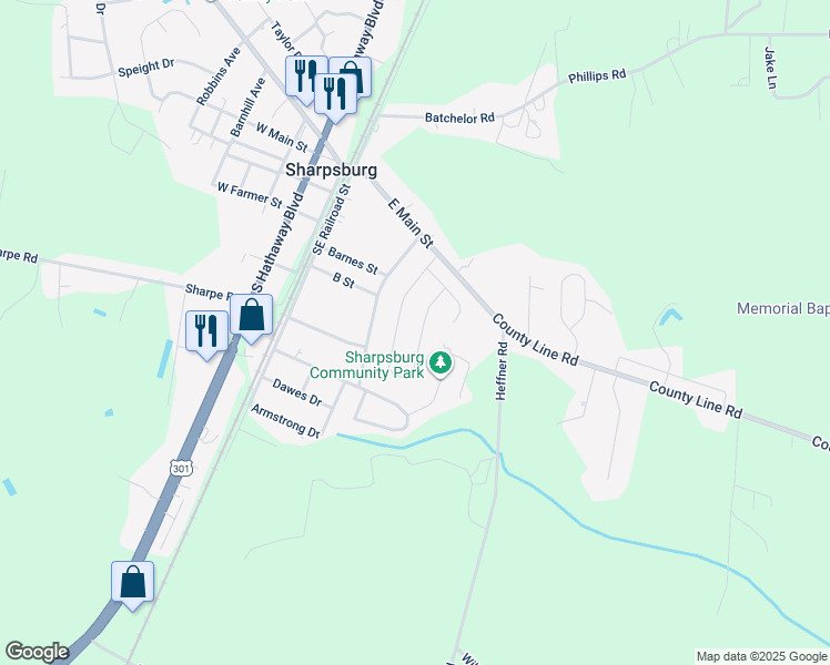 map of restaurants, bars, coffee shops, grocery stores, and more near 169 Weavers Circle in Sharpsburg