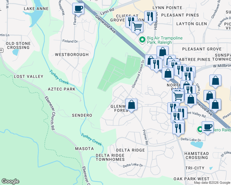map of restaurants, bars, coffee shops, grocery stores, and more near 6014 Viking Drive in Raleigh