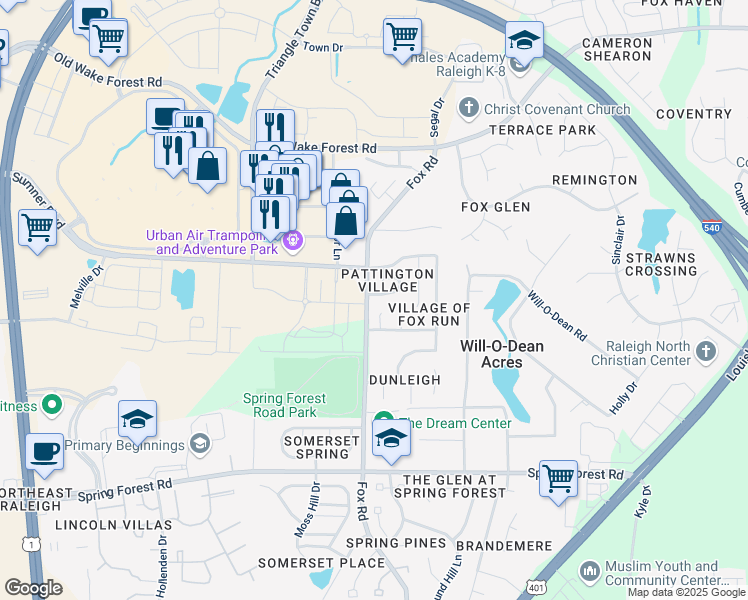 map of restaurants, bars, coffee shops, grocery stores, and more near 4600 Pooh Corner Drive in Raleigh